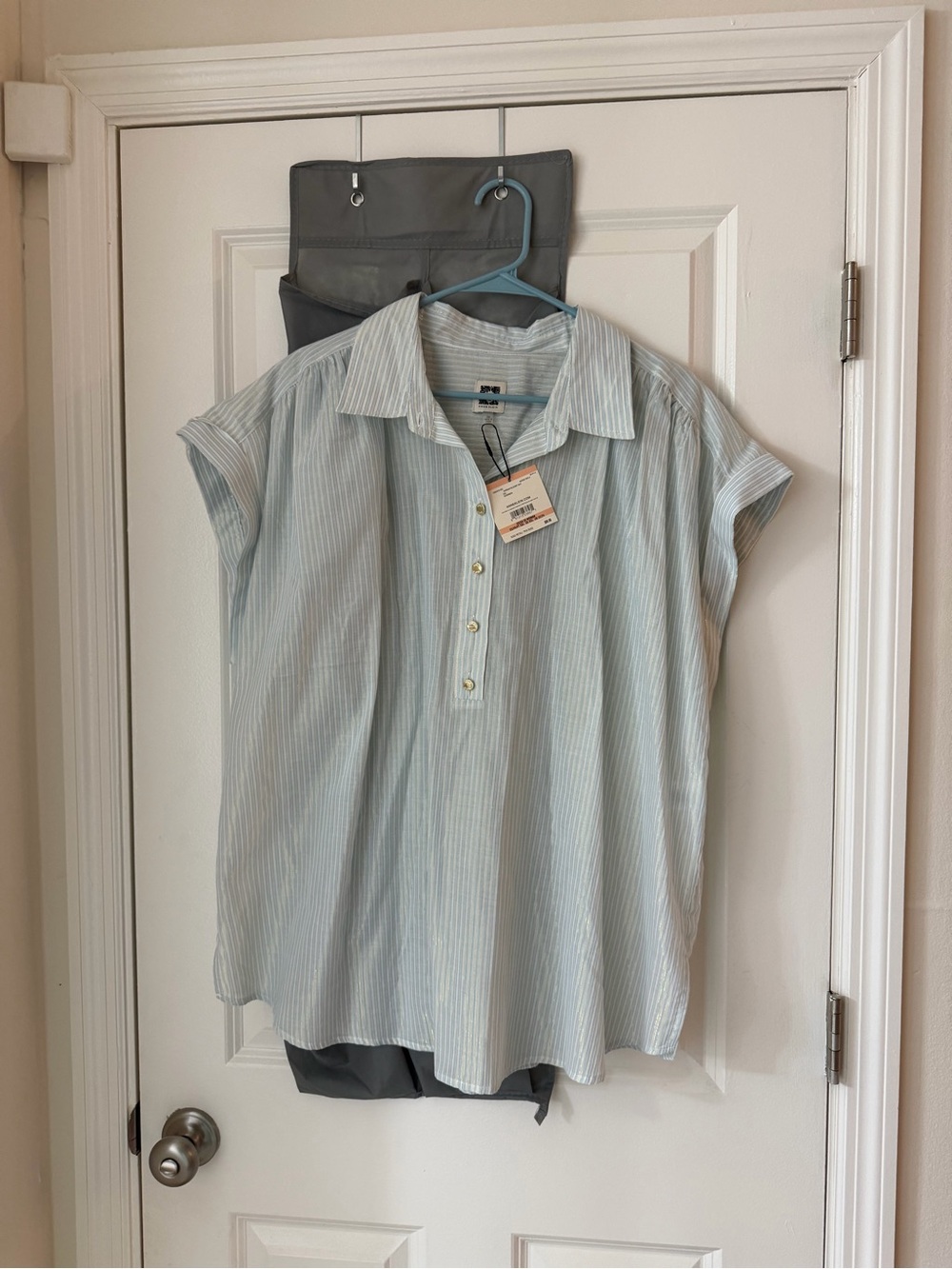 Anne Klein Light Blue and White Striped Button-Up Top with Gold Thread
